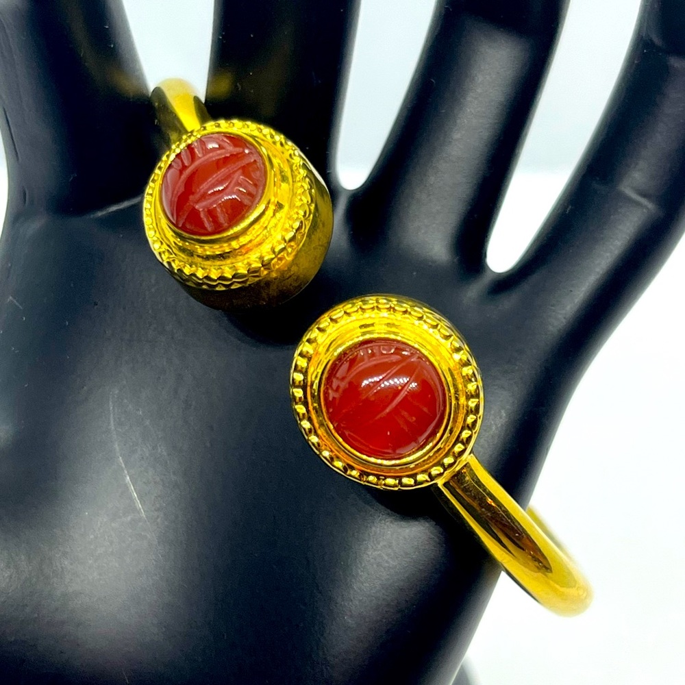 Vintage KJL Signed Etruscan Byzantine Scarab Red Cabochon Bracelet gold tone